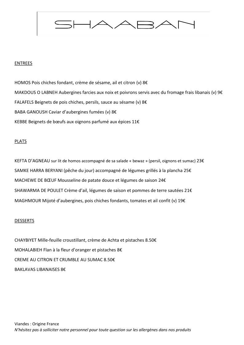 Menu de Shaaban restaurant
