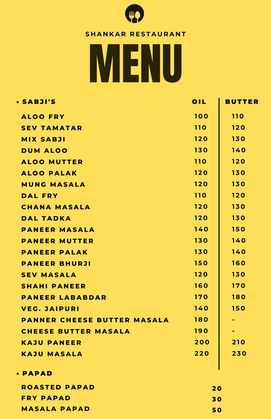 Shankar Restaurant menu