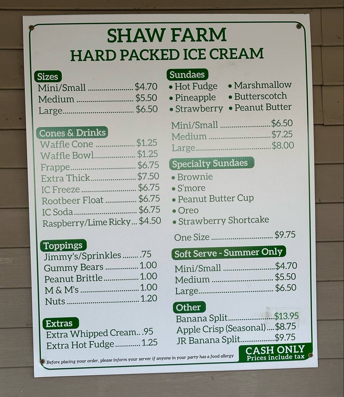 Menu at Shaw Farm Dairy restaurant, Dracut
