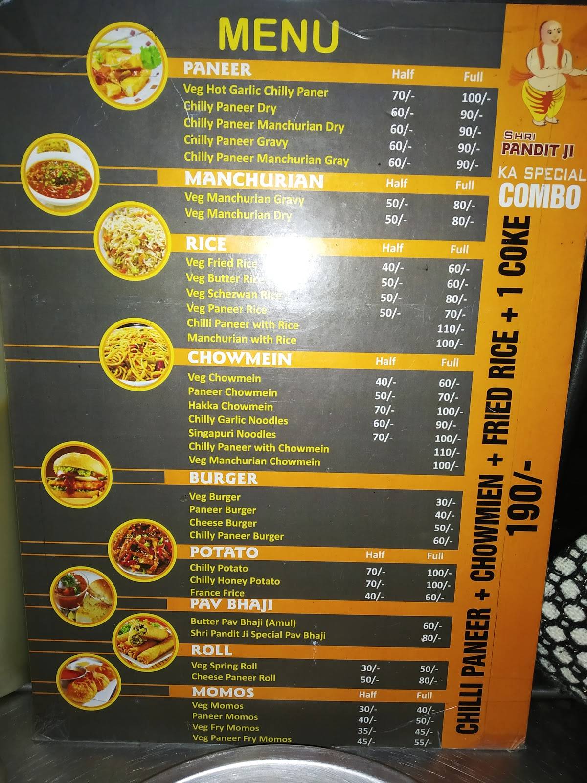 Menu at Shri Pandit Ji Food Stall, Kanpur
