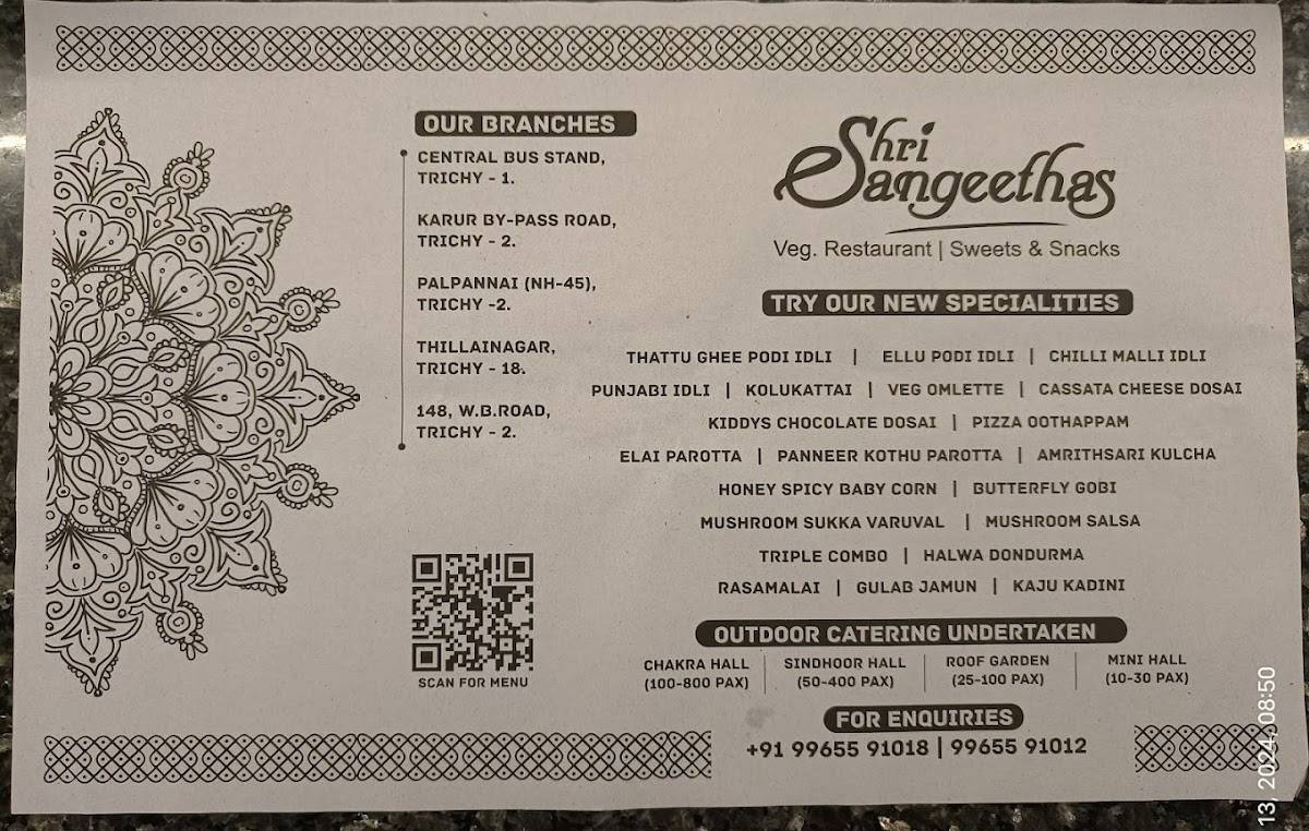 Shri Sangeethas (Chennai Bypass, Trichy) Veg. Restaurant Sweets Savouries menu