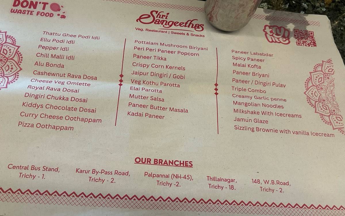 Shri Sangeethas (Chennai Bypass, Trichy) Veg. Restaurant Sweets Savouries menu