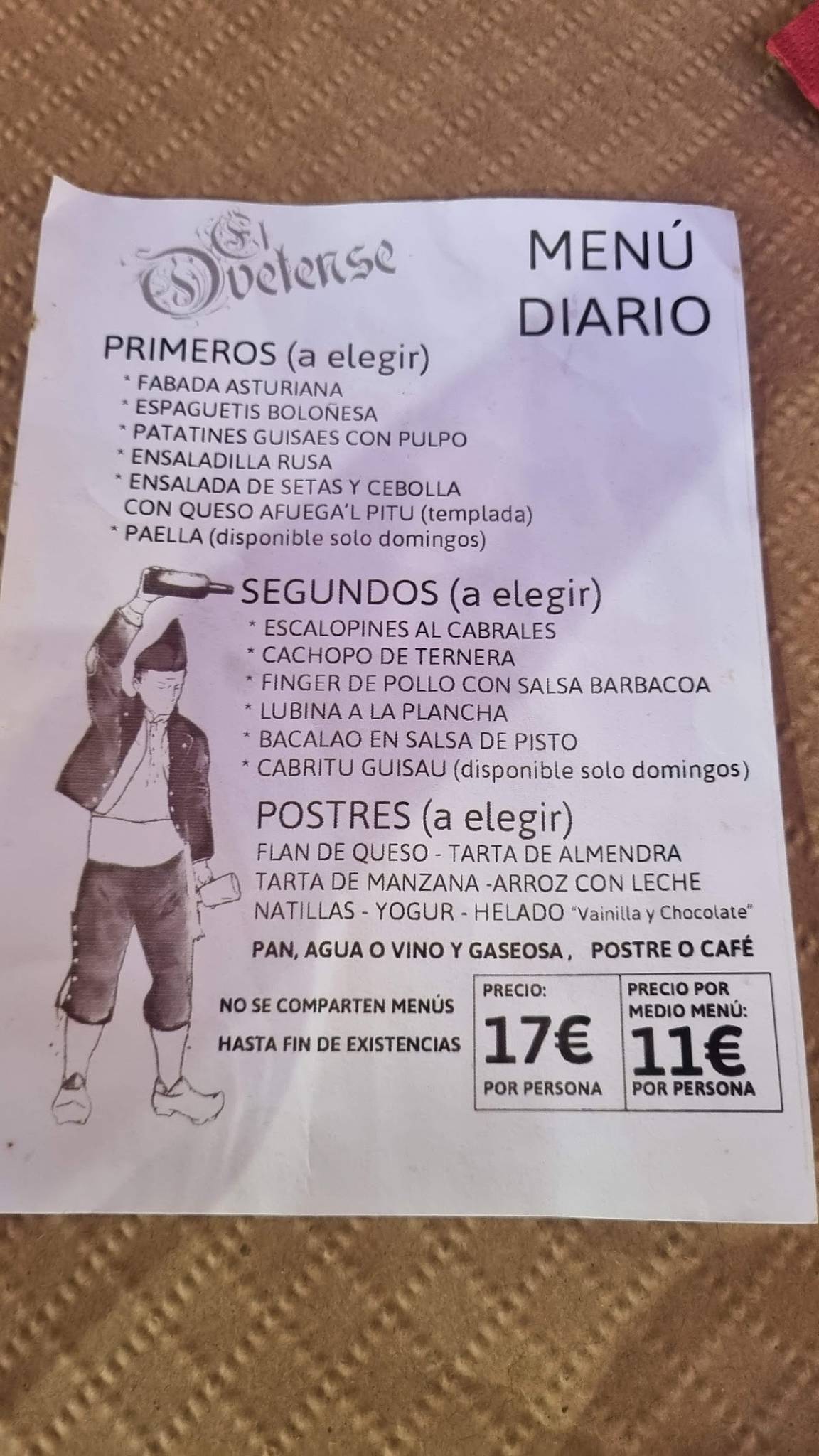 Carta del pub y bar Sidrería El Ovetense, Cangas del Onís