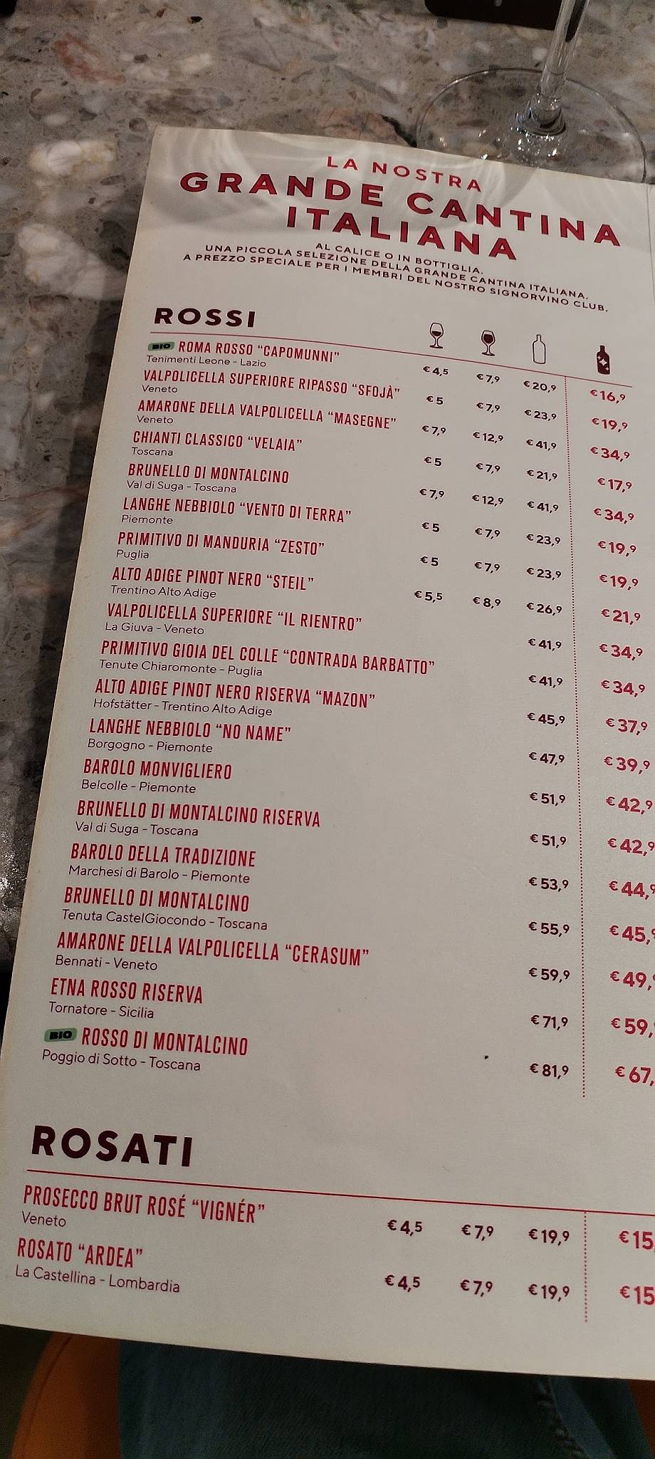 Menu de Signorvino Roma