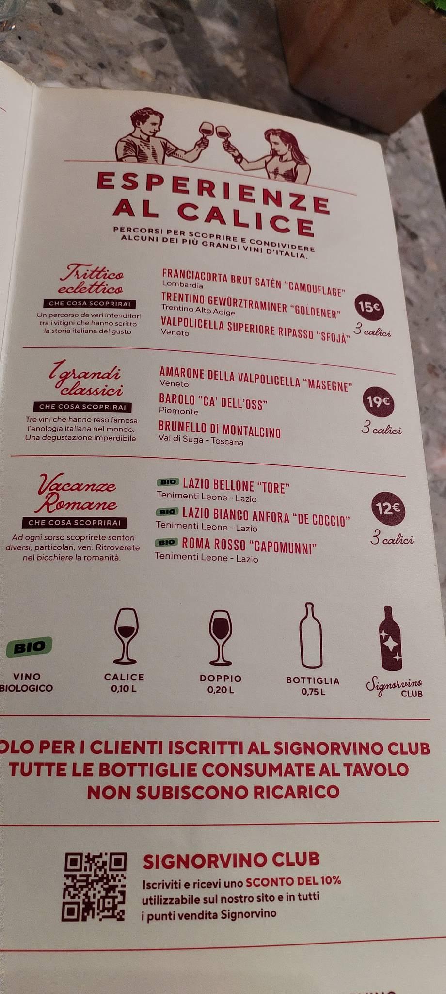 Menu de Signorvino Roma