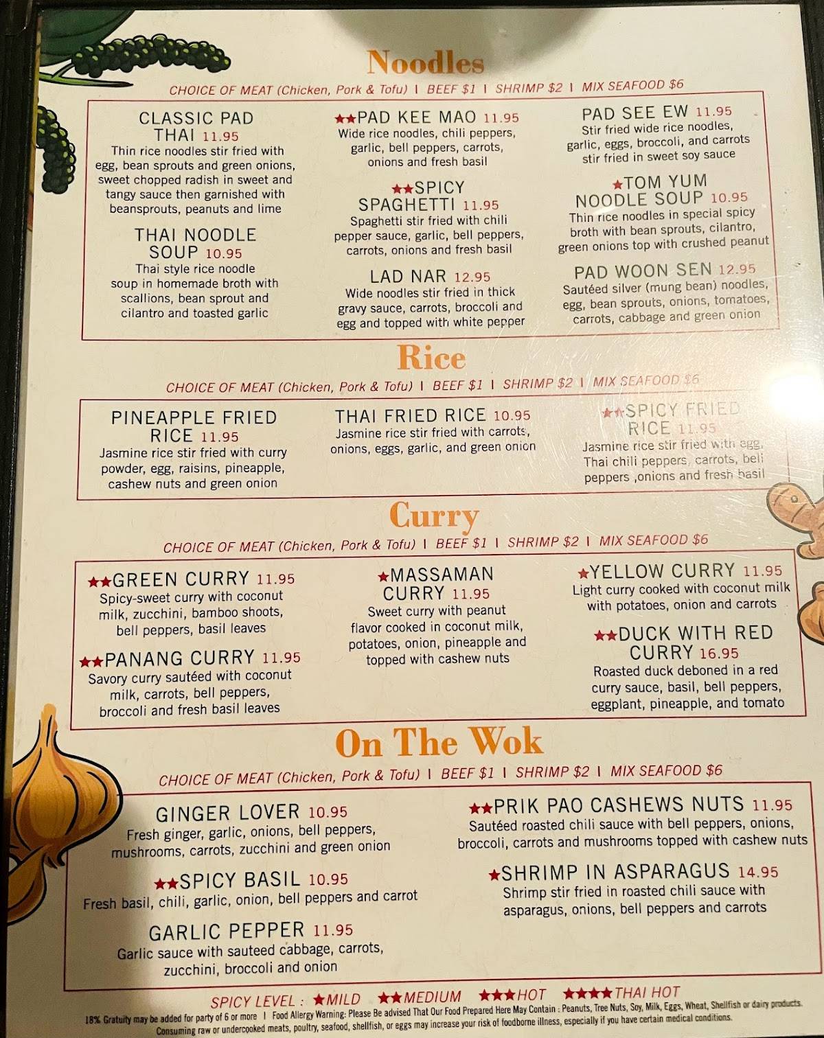 Menu at Sirin Thai SC restaurant, Greenville