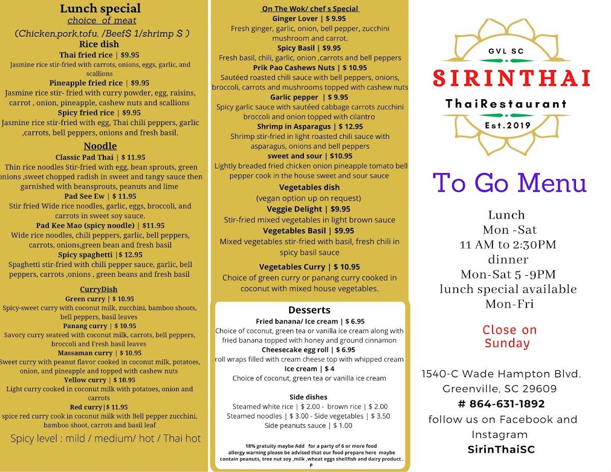 Menu at Sirin Thai SC restaurant, Greenville
