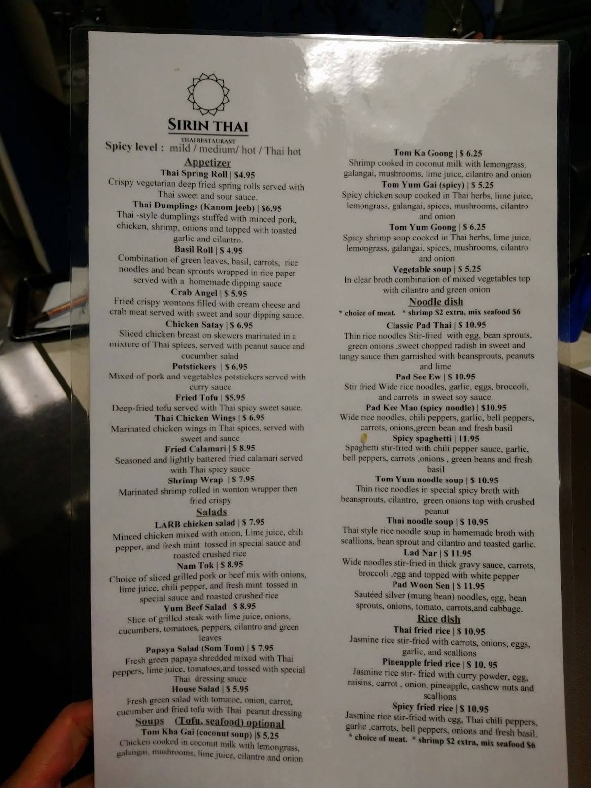 Menu at Sirin Thai SC restaurant, Greenville