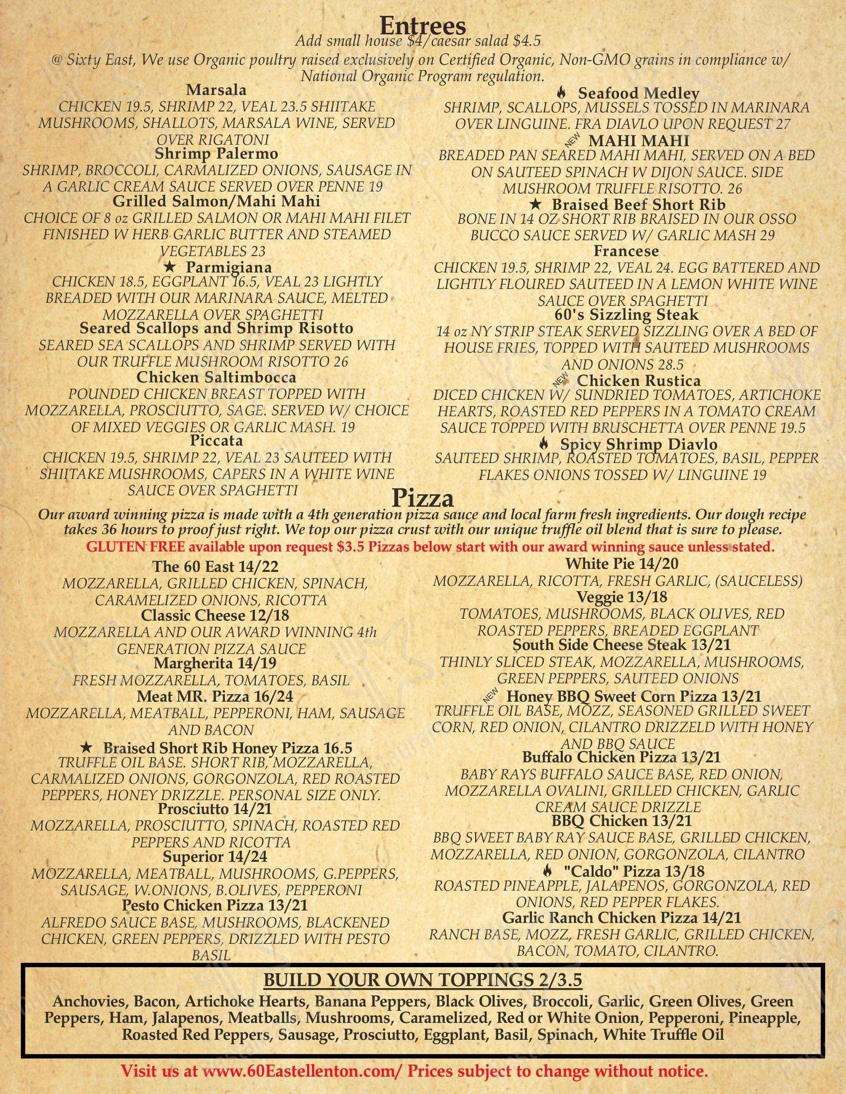 Menu at Sixty East Italian Cucina & Martini Bar, Ellenton