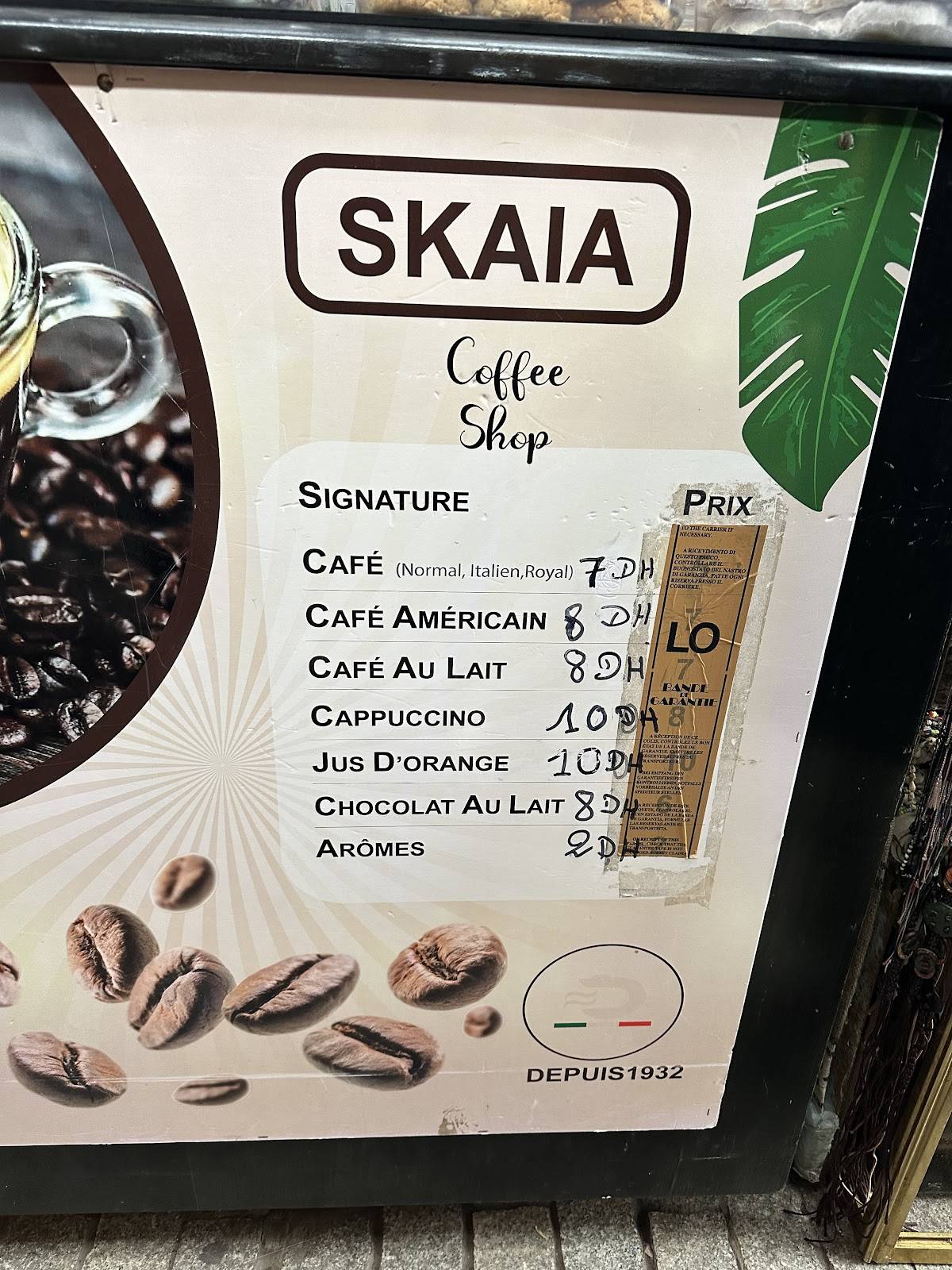 Menu de Skaia coffeeshop