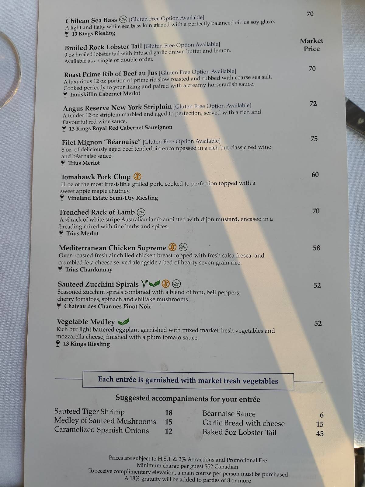 Menu de Skylon Tower Revolving Dining Room