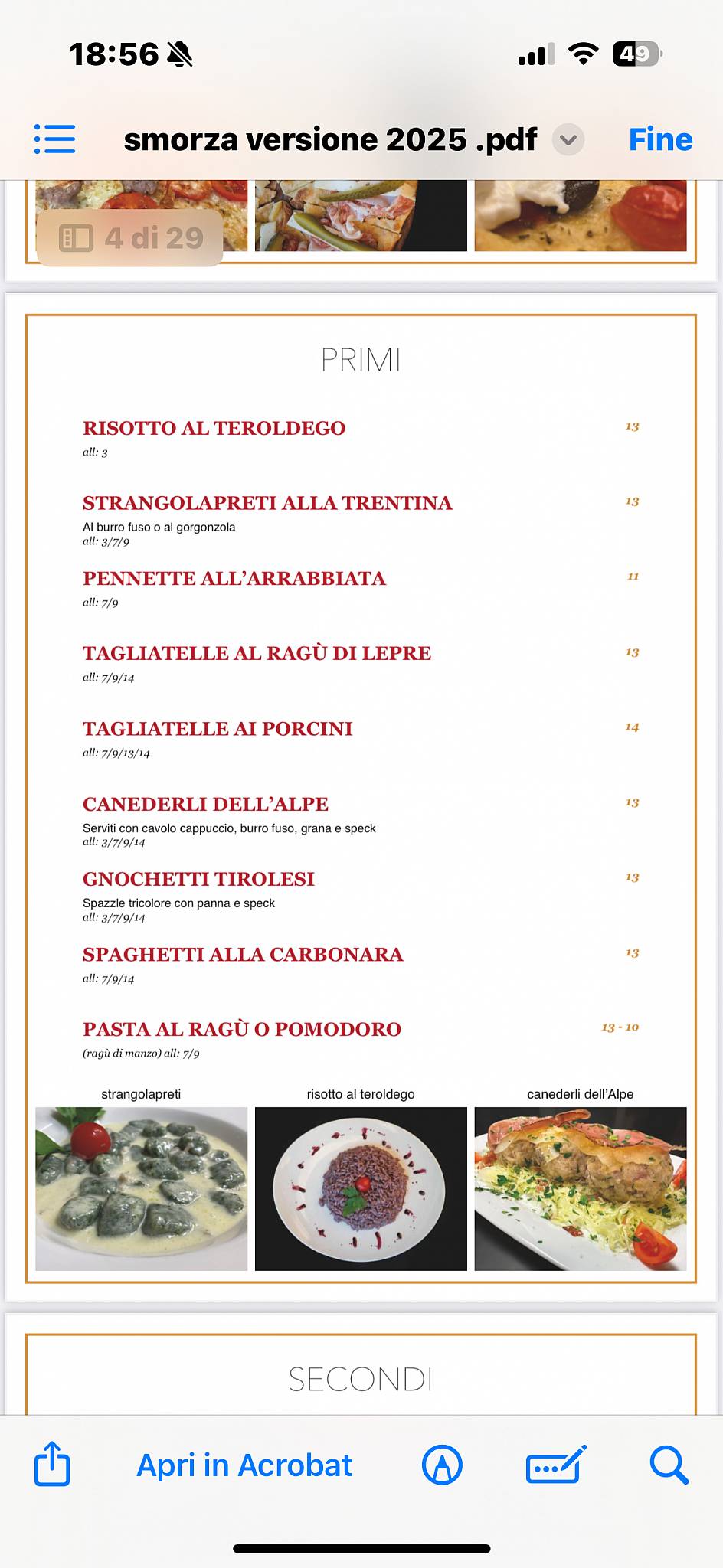 Menu di Smorza Piaceri da tavola dal 1965 