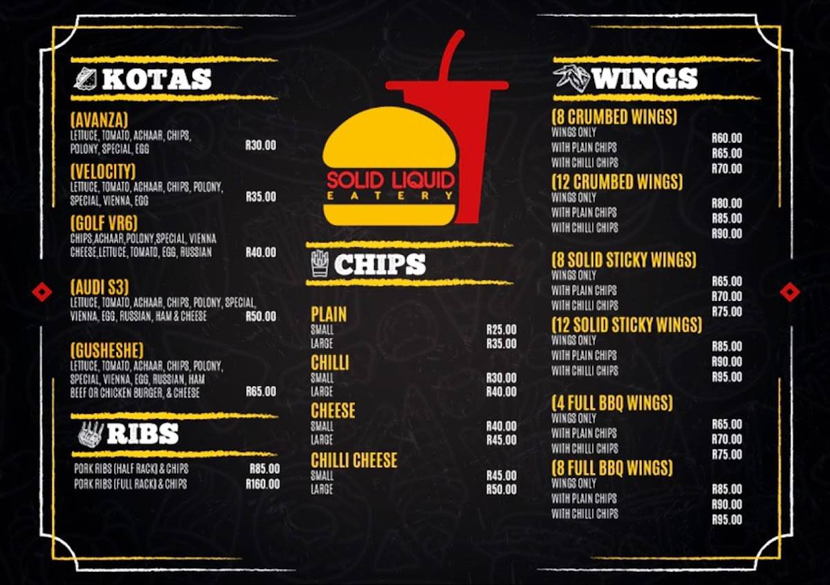 Menu at Solid Liquid Eatery restaurant, Tembisa