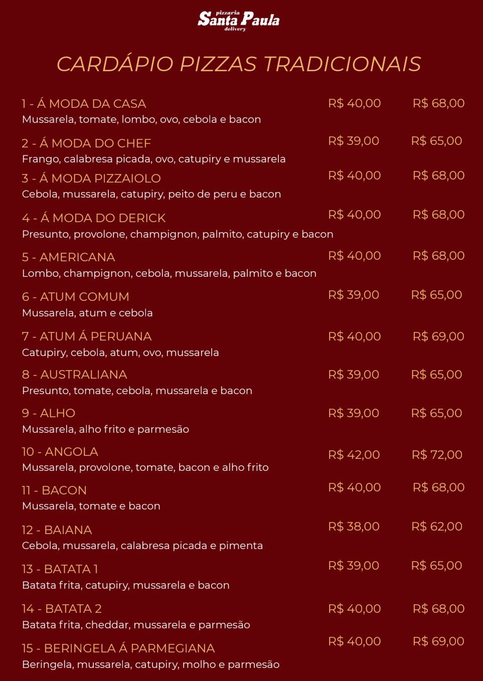 Pizzaria Santa Paula cardápio
