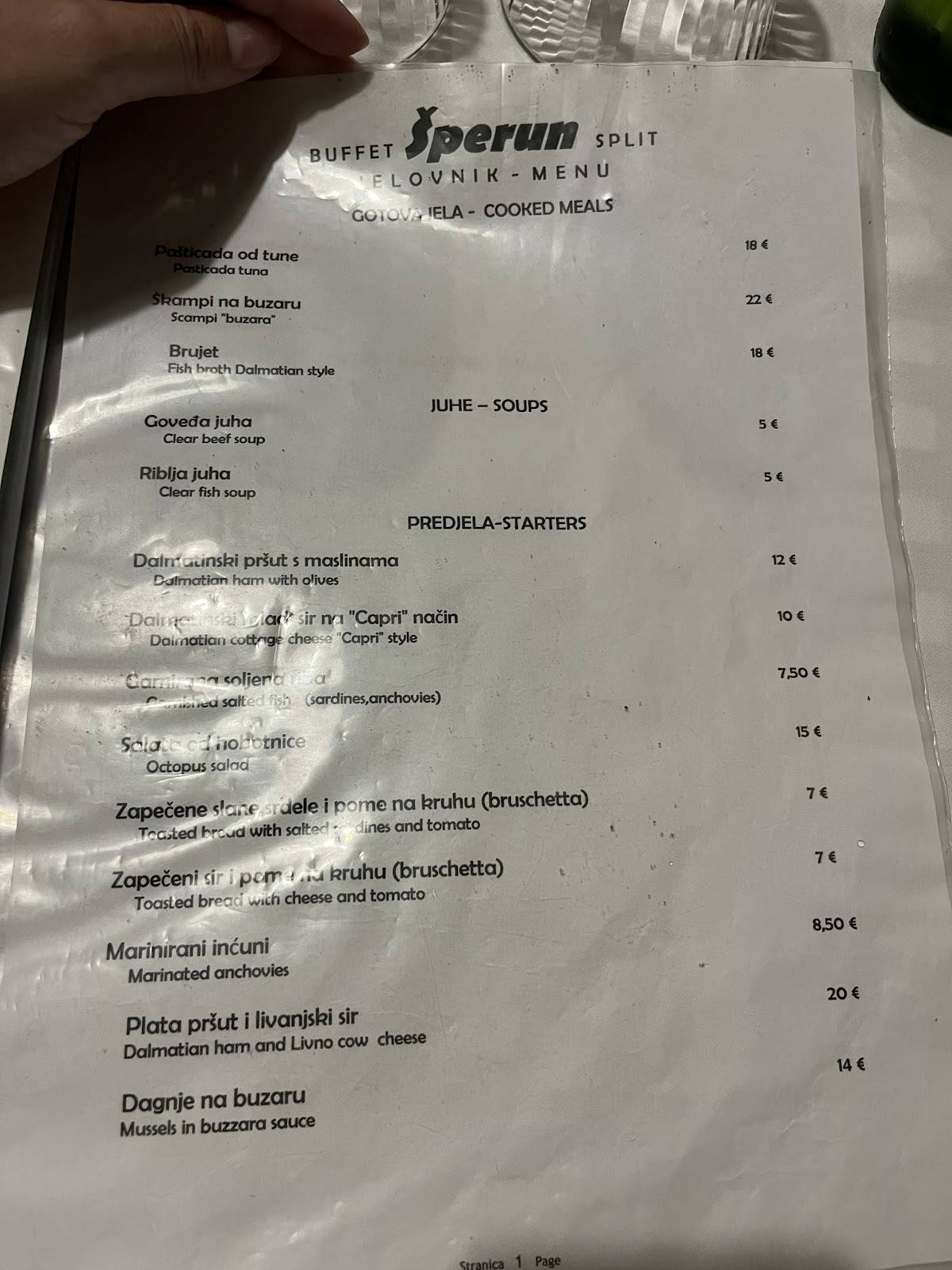 Menu di Šperun eat and drink buffet 