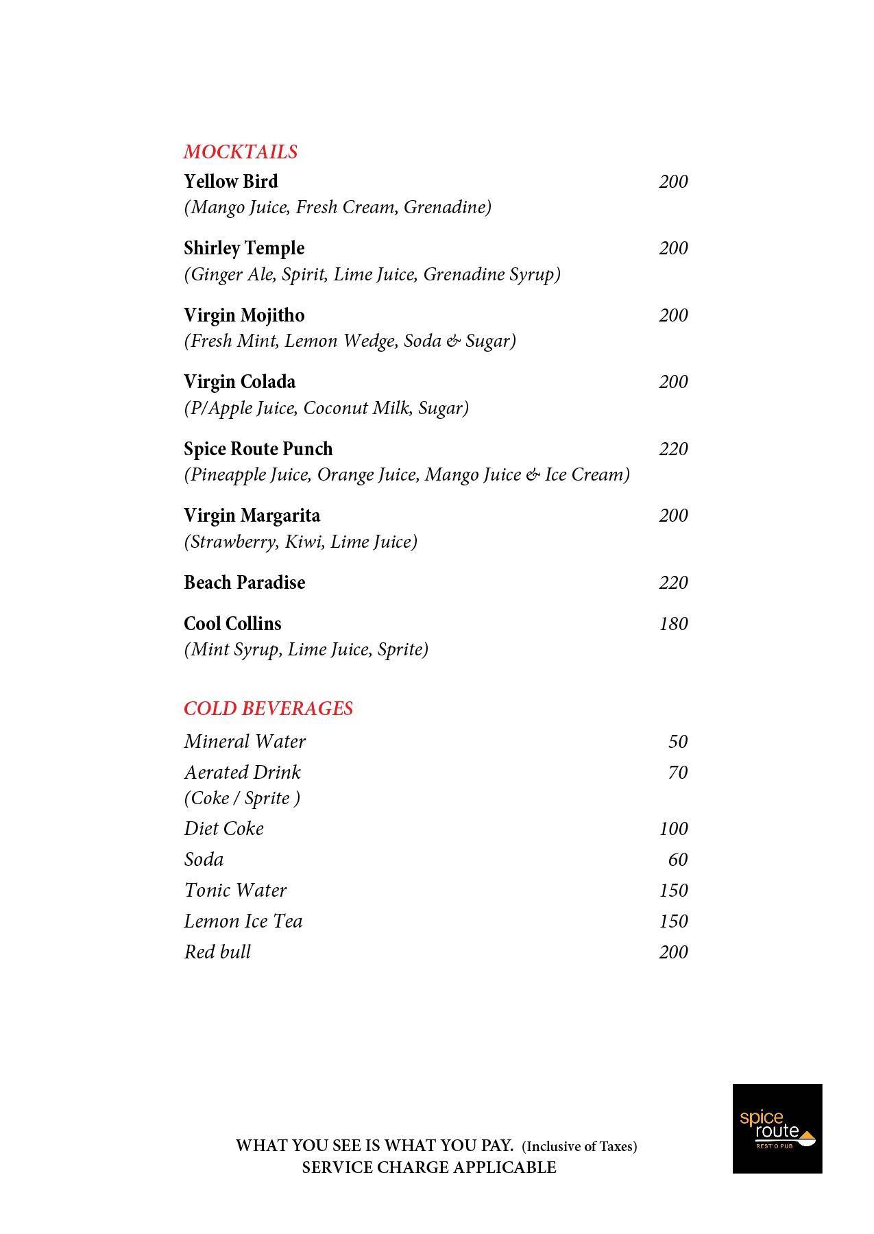 Spice Route Resto Pub menu