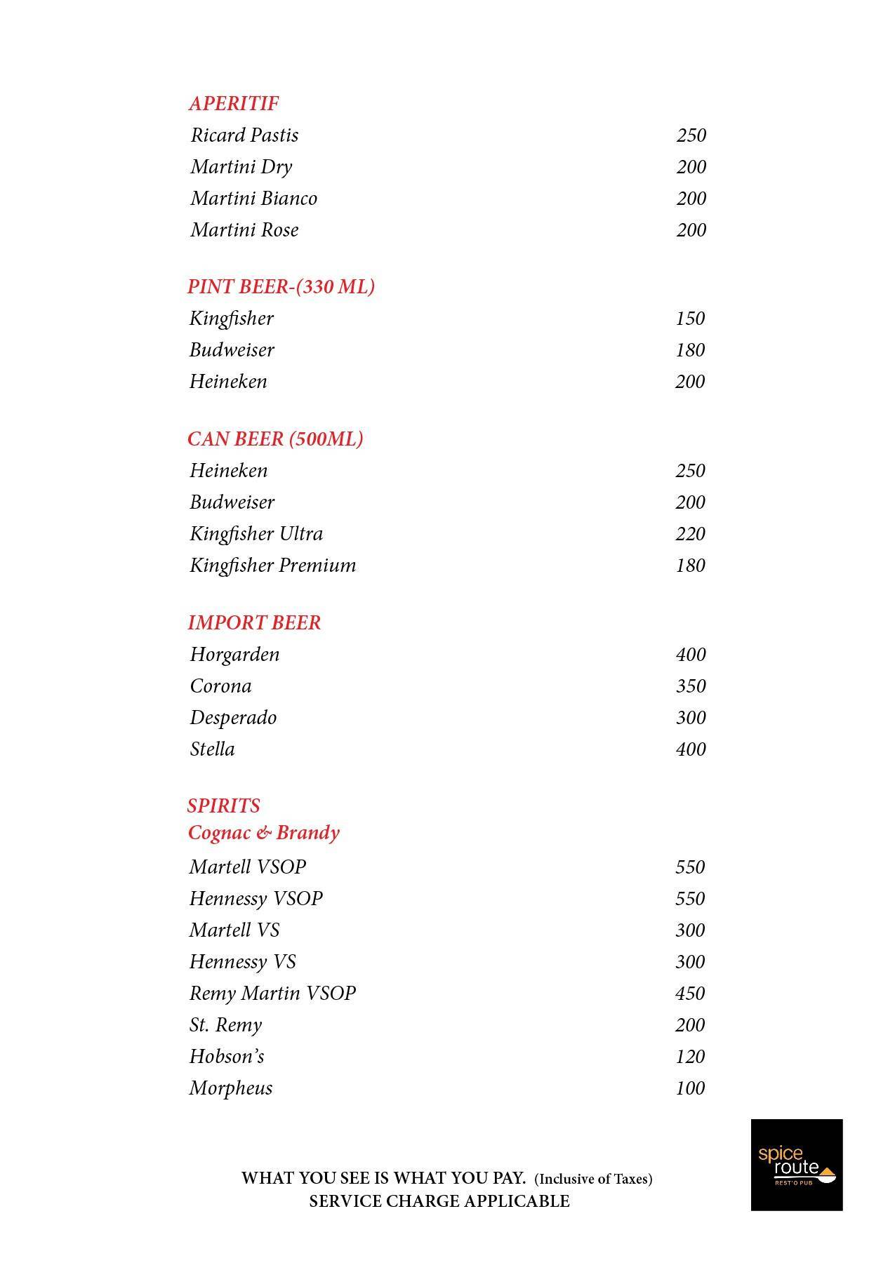 Spice Route Resto Pub menu