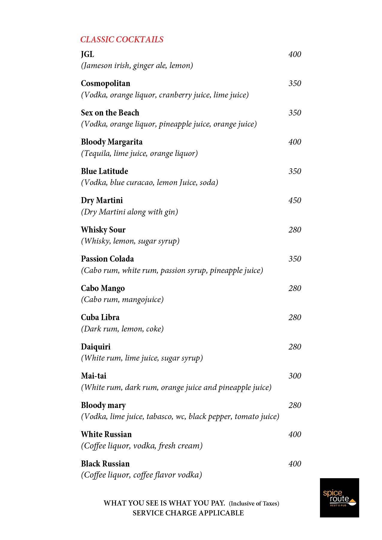 Spice Route Resto Pub menu