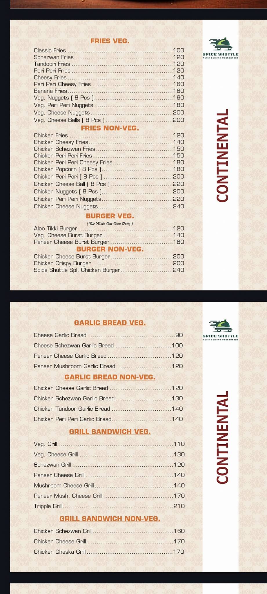 Spice Shuttle menu