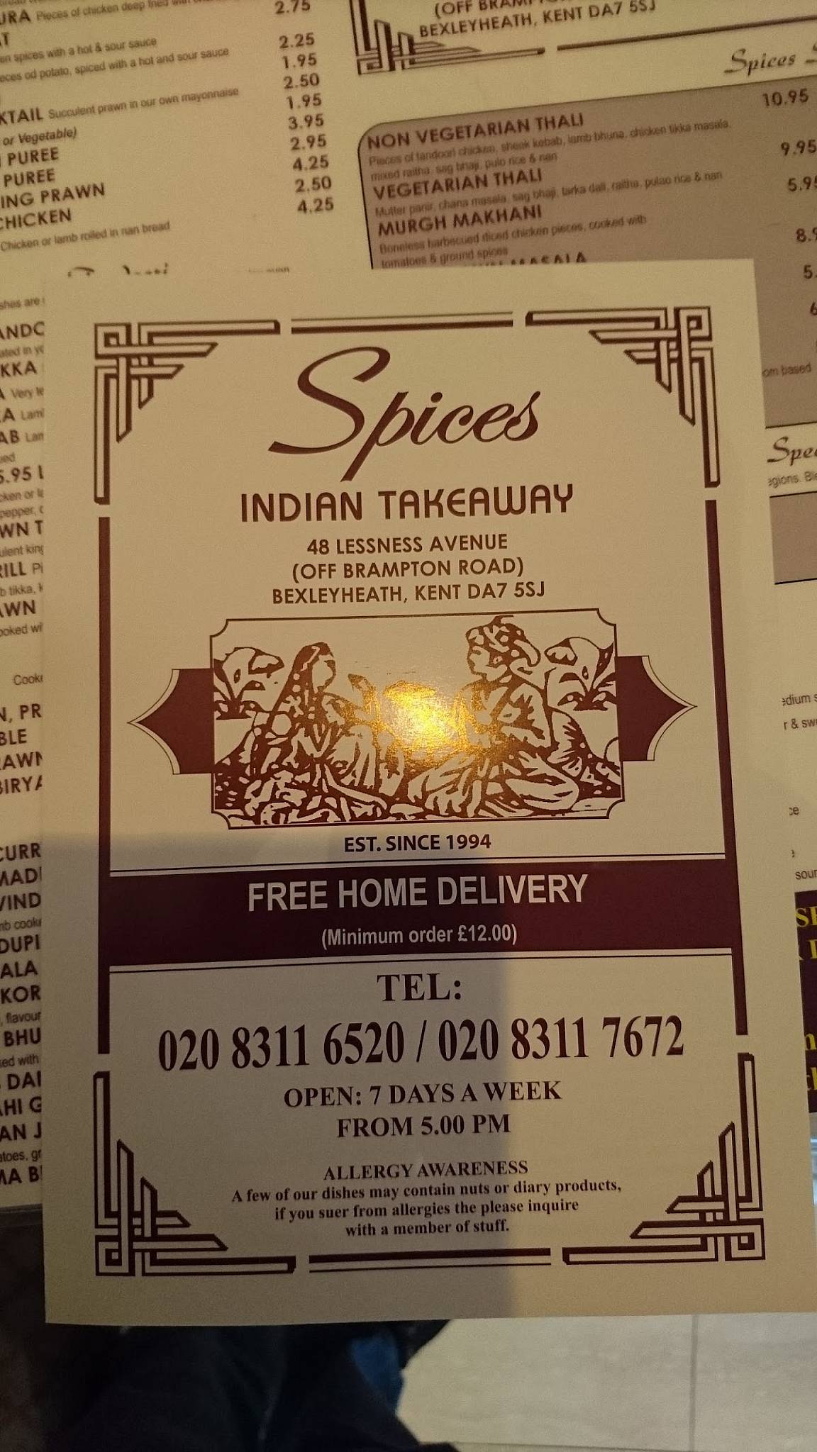 Menu at Spices Indian Takeaway fast food, Bexleyheath, 48 Lessness Ave