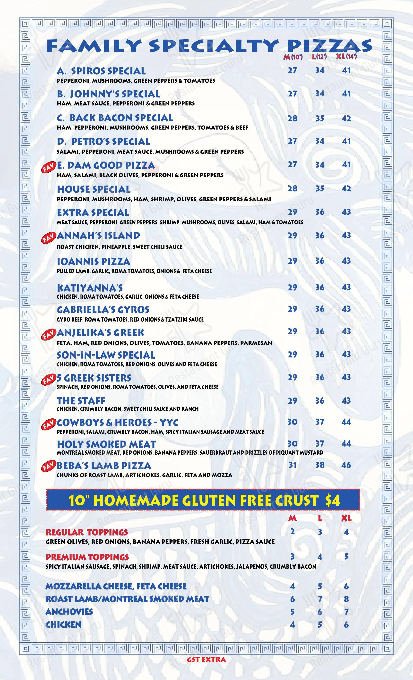 Menu pour Spiros Pizza on 17th Calgary - Основное меню