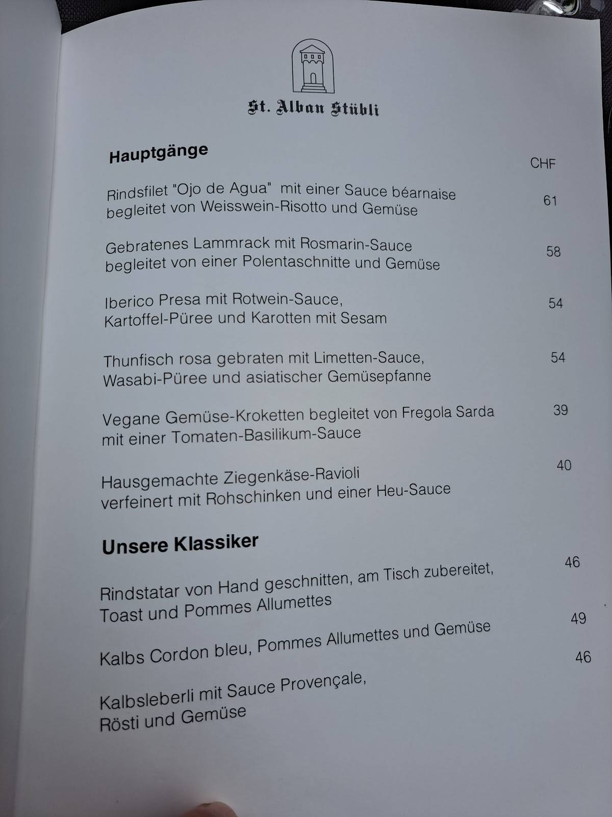 Menu di St. Alban Stübli 