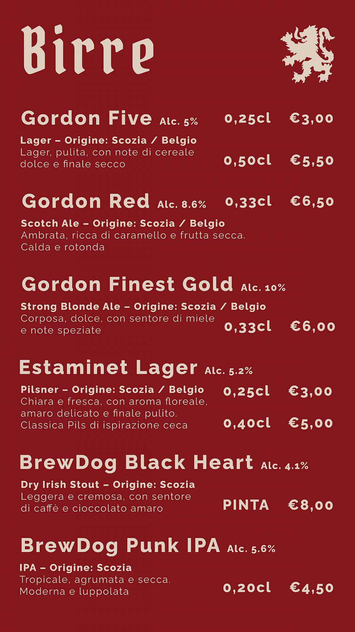 Menu di St. Andrew's vintage beer house 