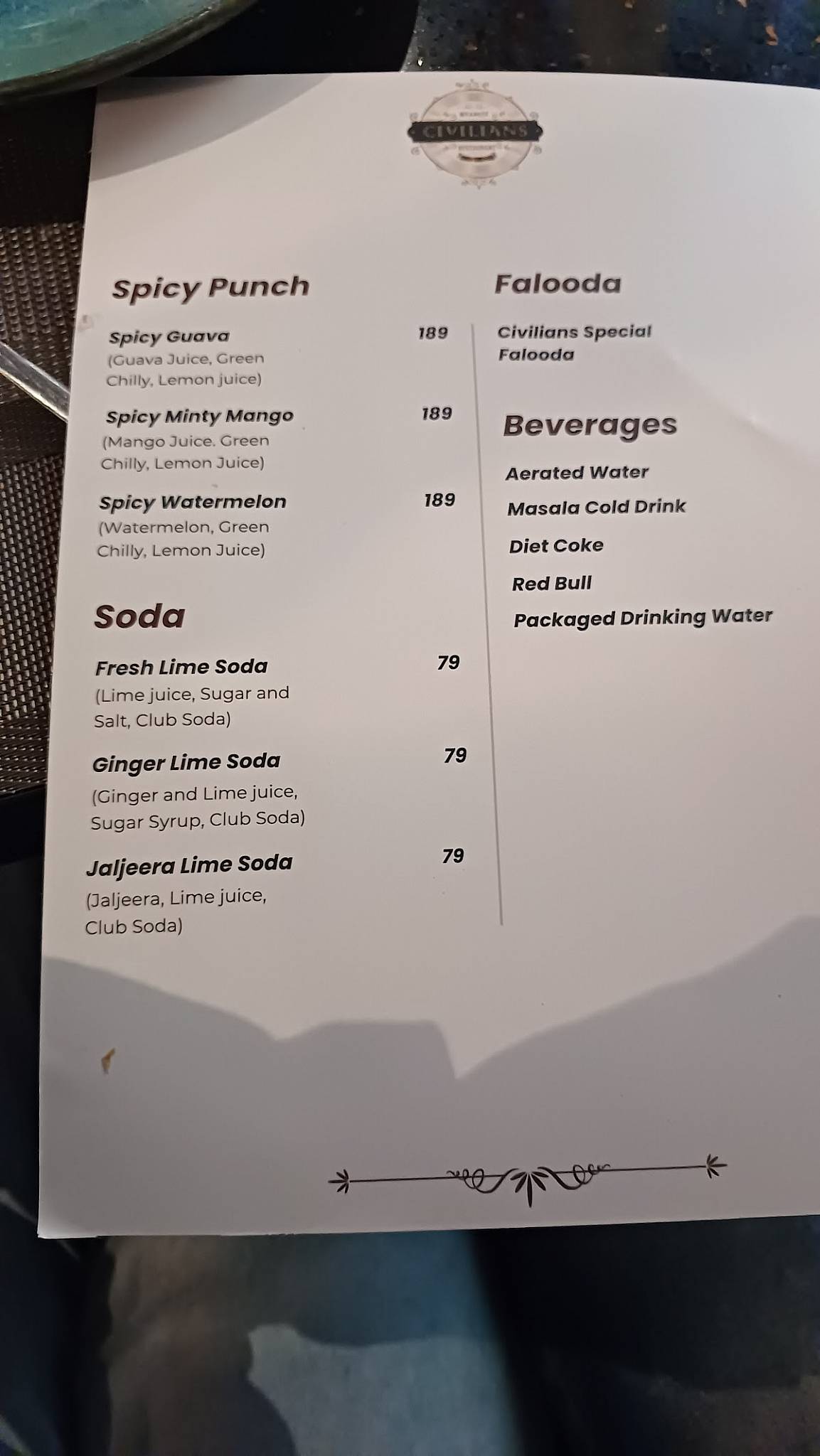 Starlit Civilians - Restaurant menu