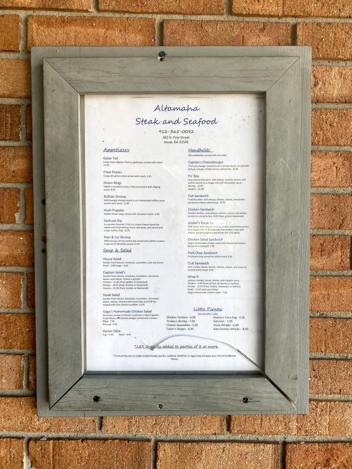Menu at Altamaha Steak and Seafood steakhouse, Jesup