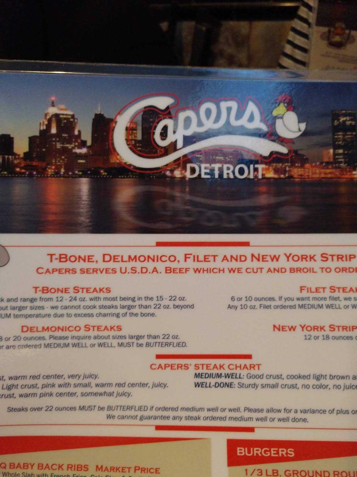 Menu at Capers steakhouse, Detroit