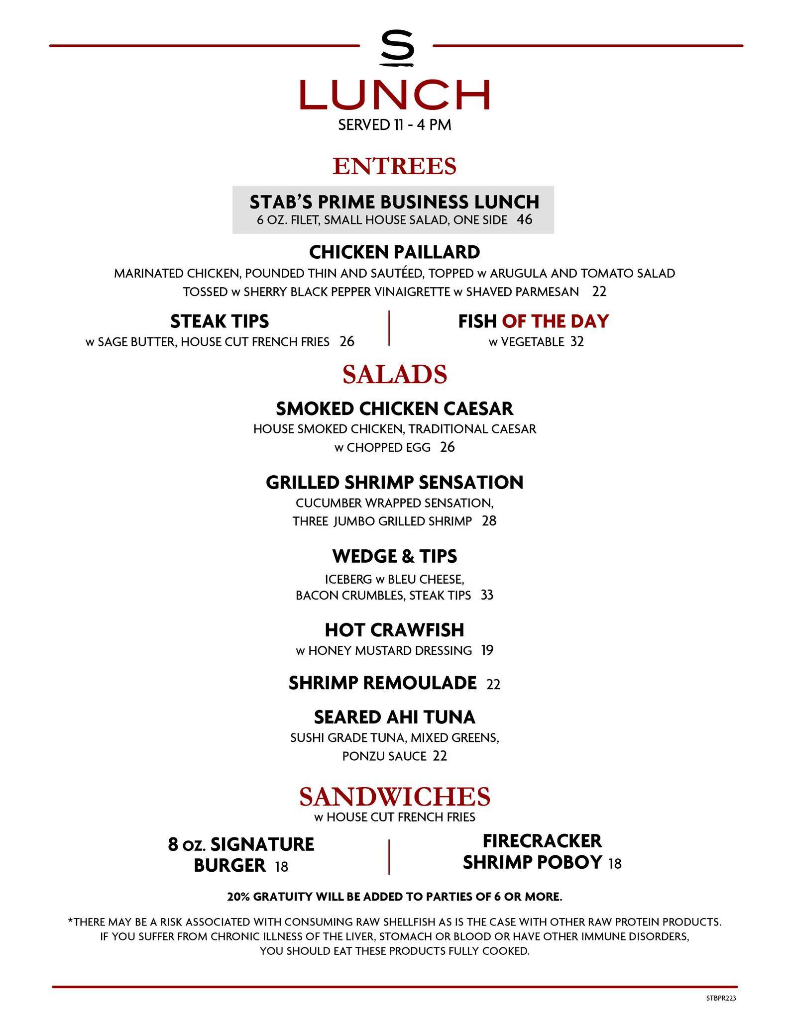 Menu at Stab's Prime Steak and Seafood steakhouse, Baton Rouge