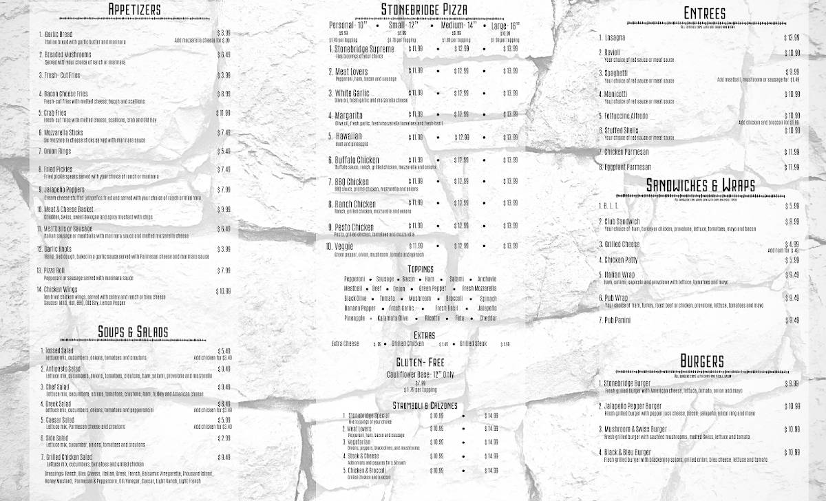 Menu at Stonebridge Pizzeria & Pub, Funkstown