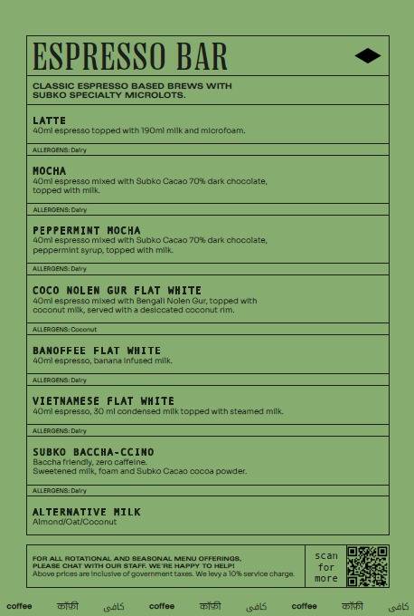 Menu at Subko at District 150, Hyderabad