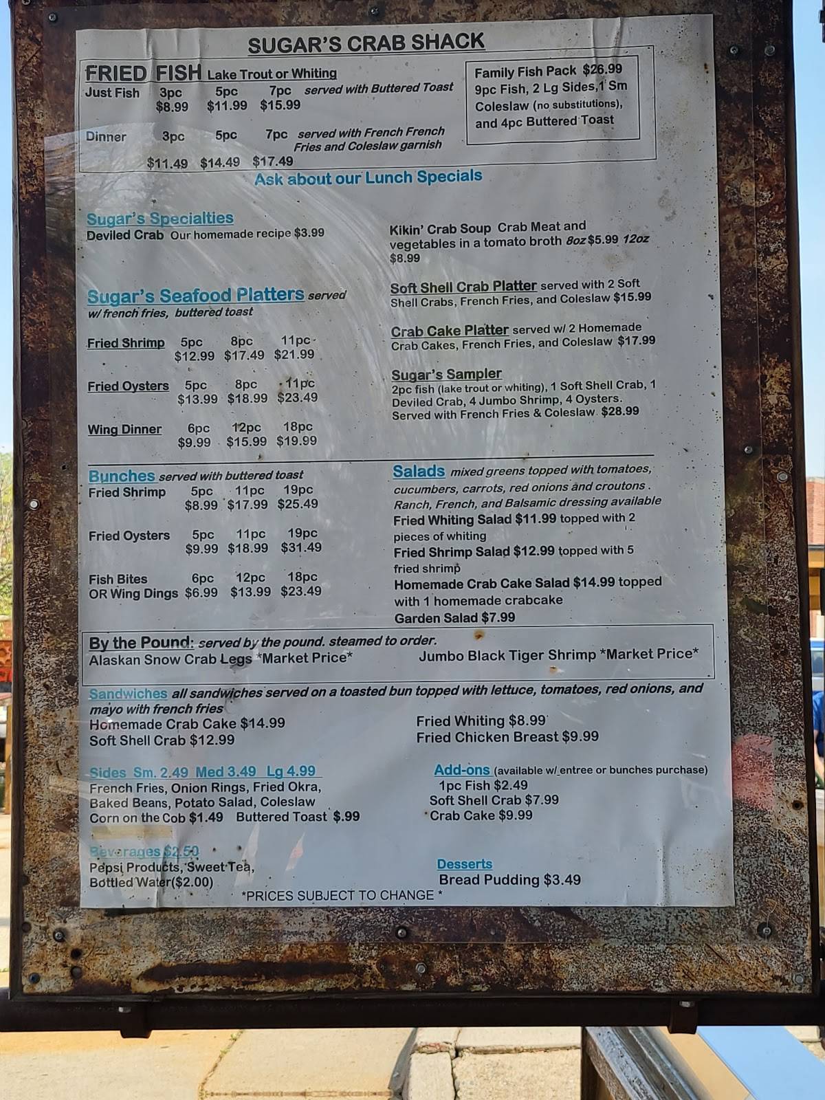 Menu at Sugar's Crab Shack restaurant, Richmond