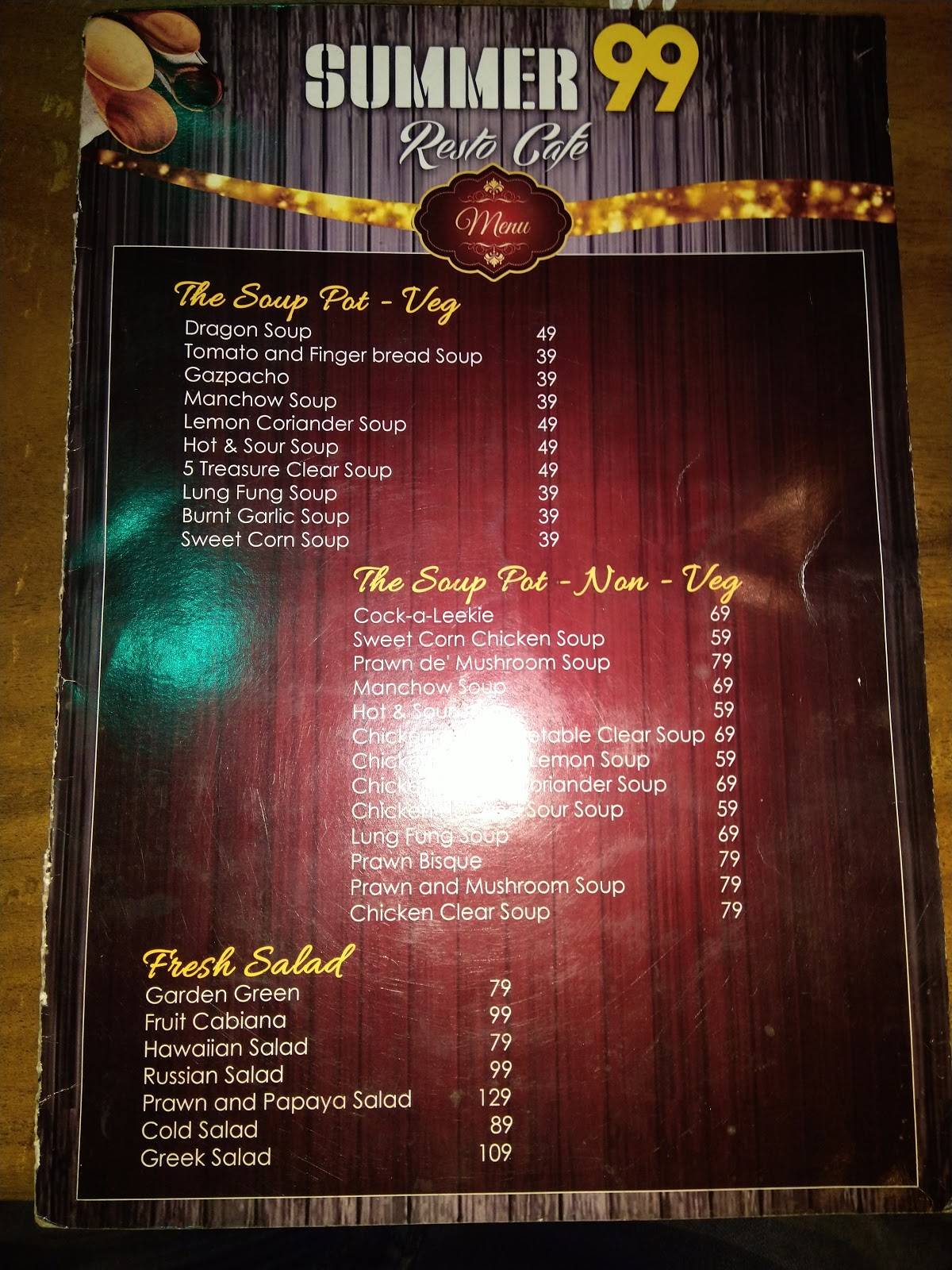 Summer 99, Restro Cafe menu