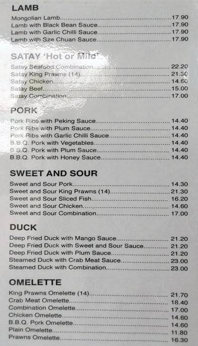 Menu at Sun Lai Chinese Restaurant, Bellara