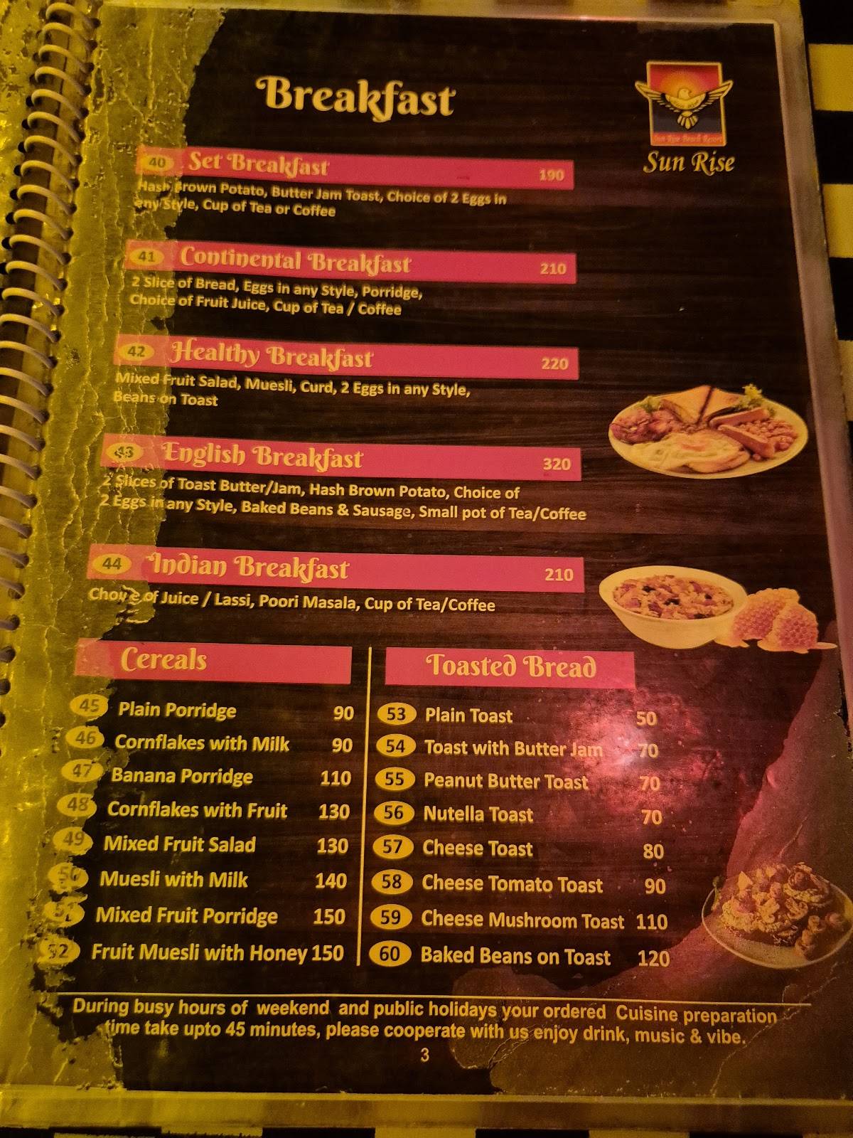 Sun Rise Restaurant menu