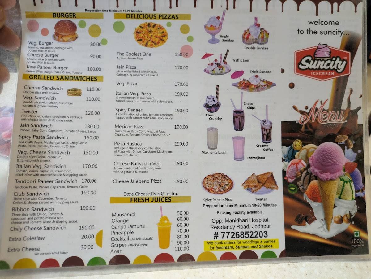 Suncity Ice cream Parlour menu