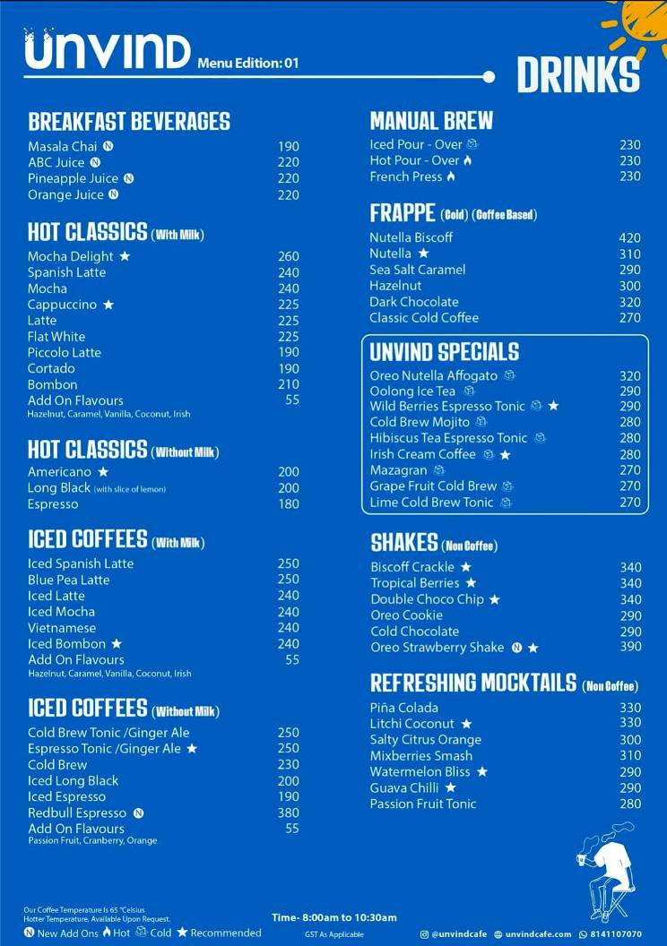 Unvind Cafe menu