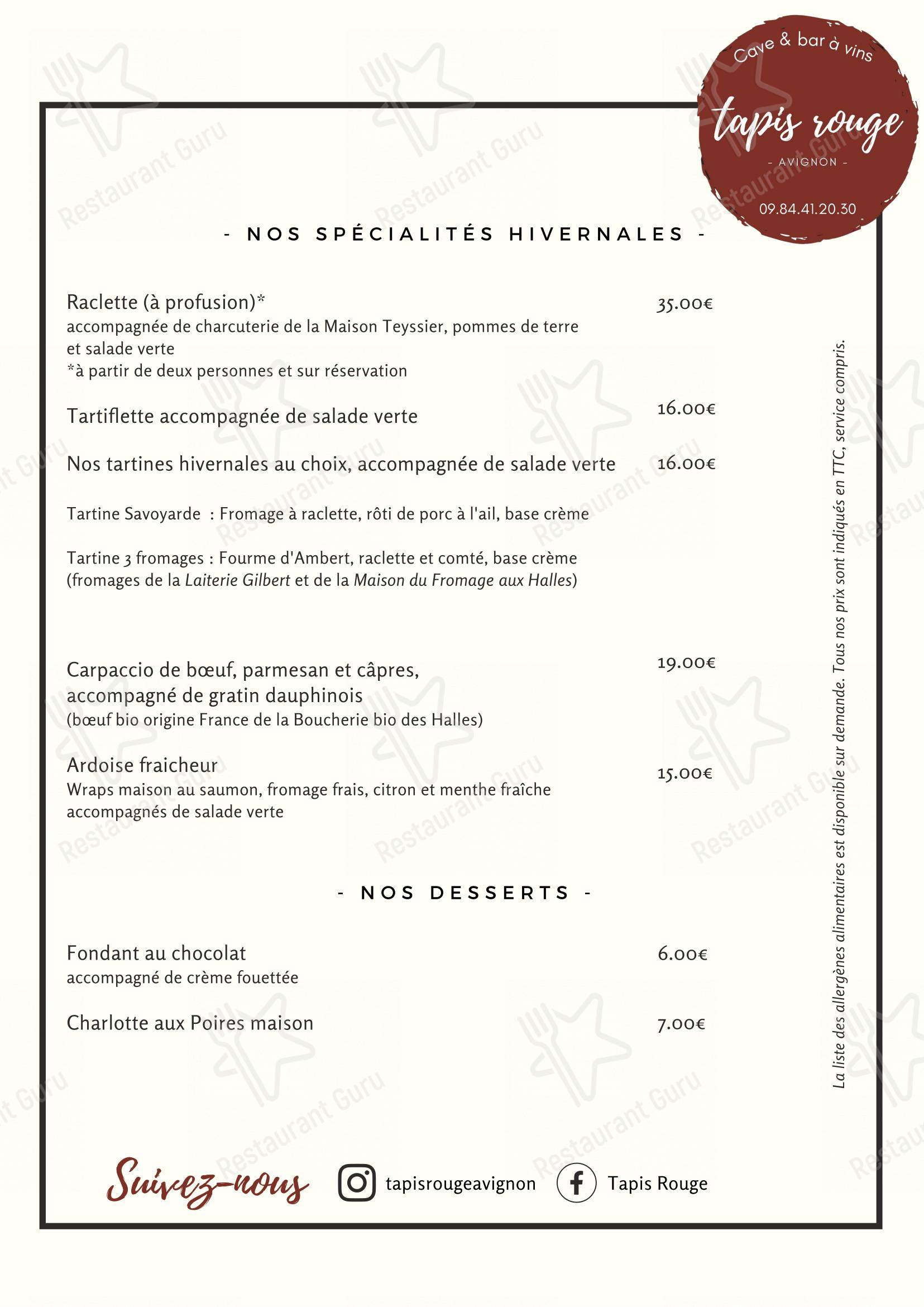 Menu pour TAPIS ROUGE pub et bar