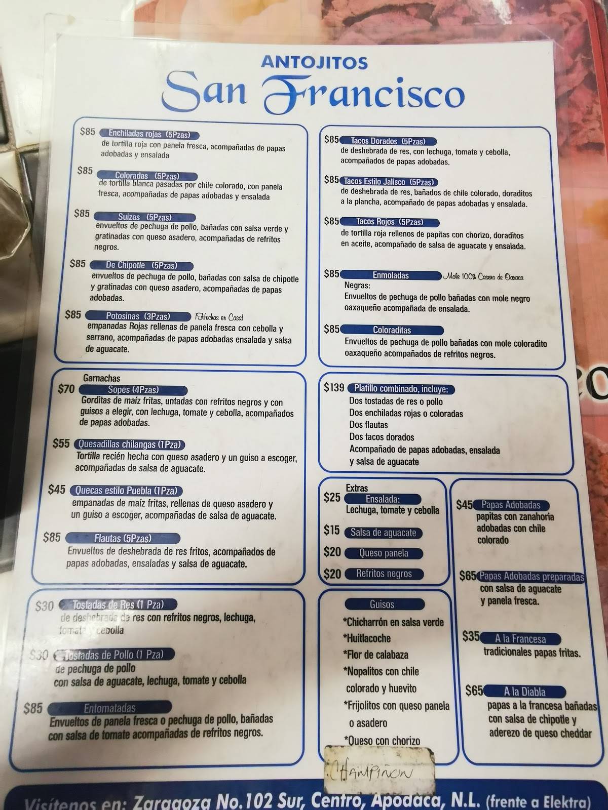 Carta del restaurante Taqueria San Francisco, Apodaca