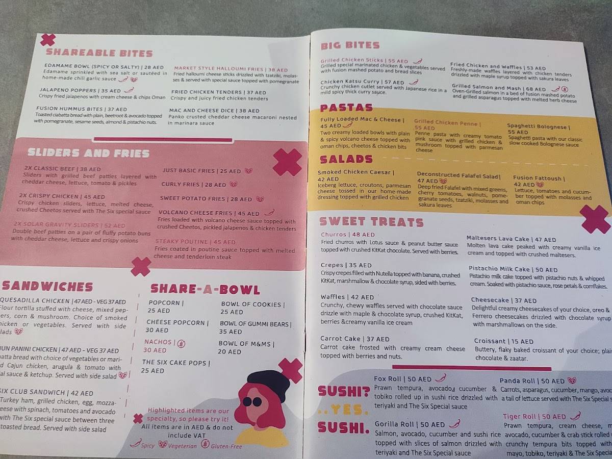 Menu at THE SIX Board Game Cafe, Dubai