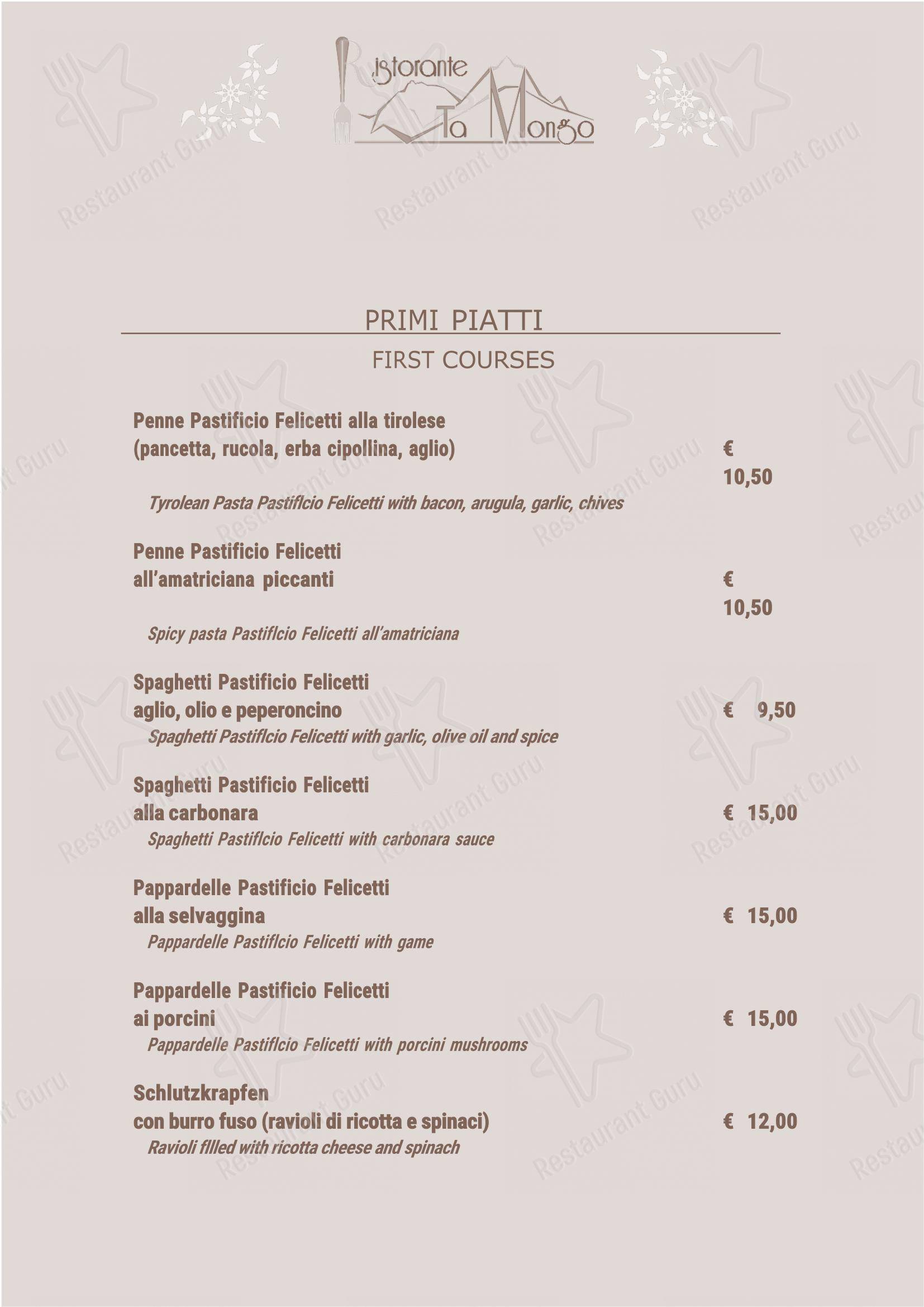 Menu per Ta Mongo ristorante