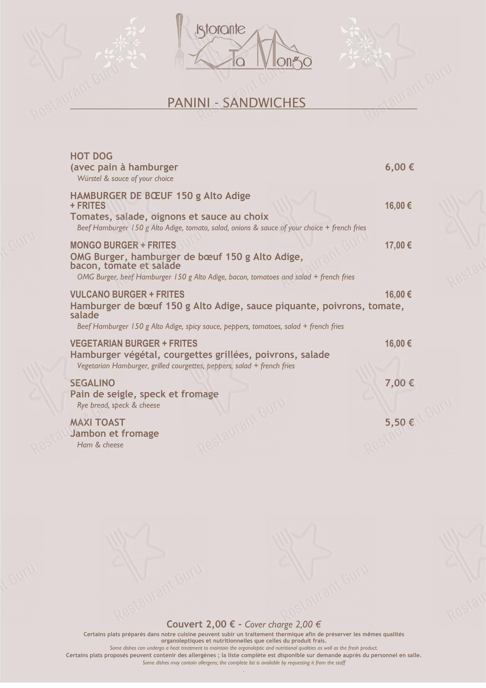 Menu bar per Ta Mongo ristorante