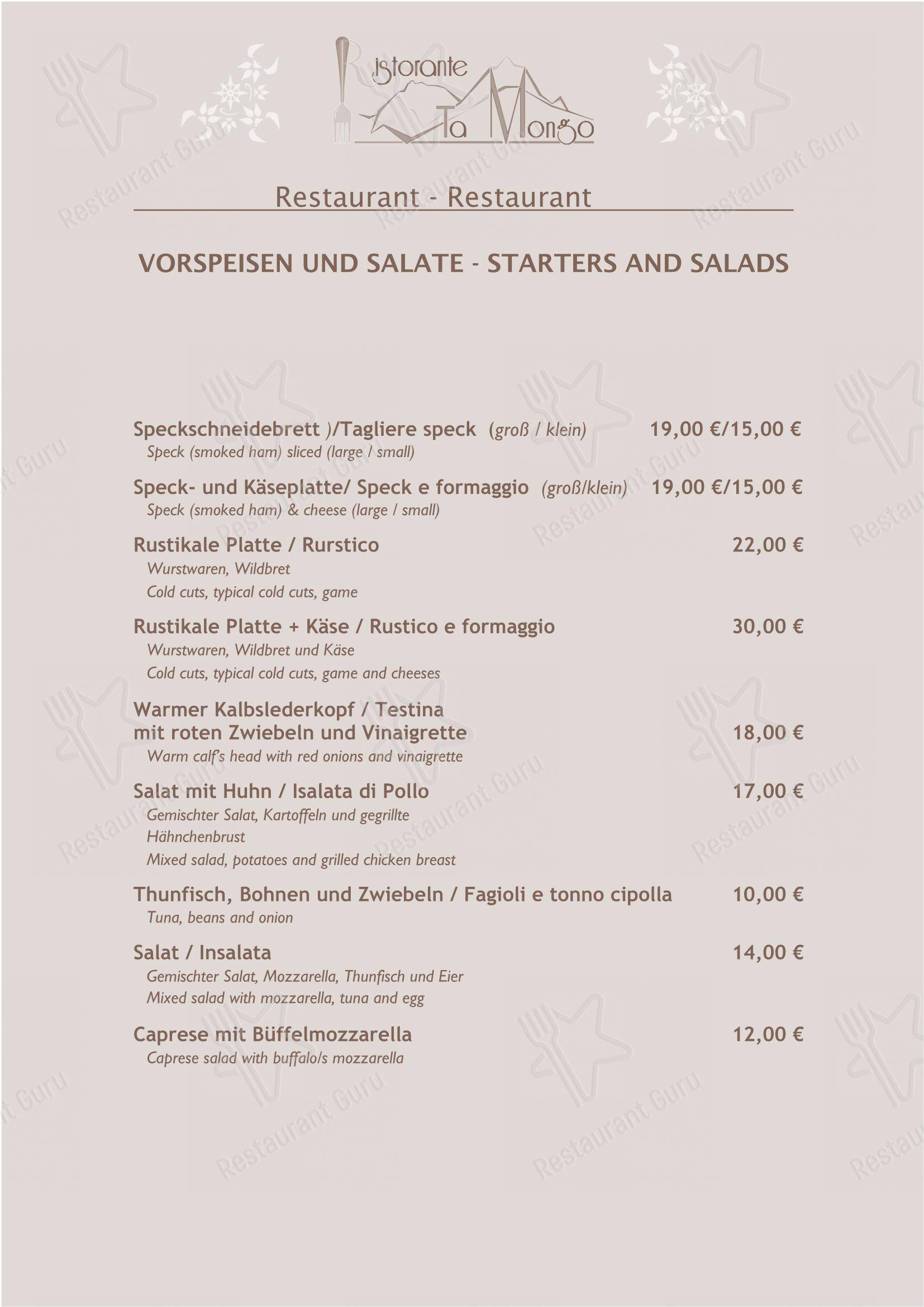 菜单 per Ta Mongo ristorante