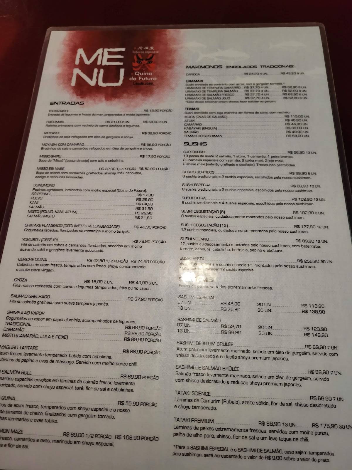 Taberna Japonesa Quina do Futuro cardápio