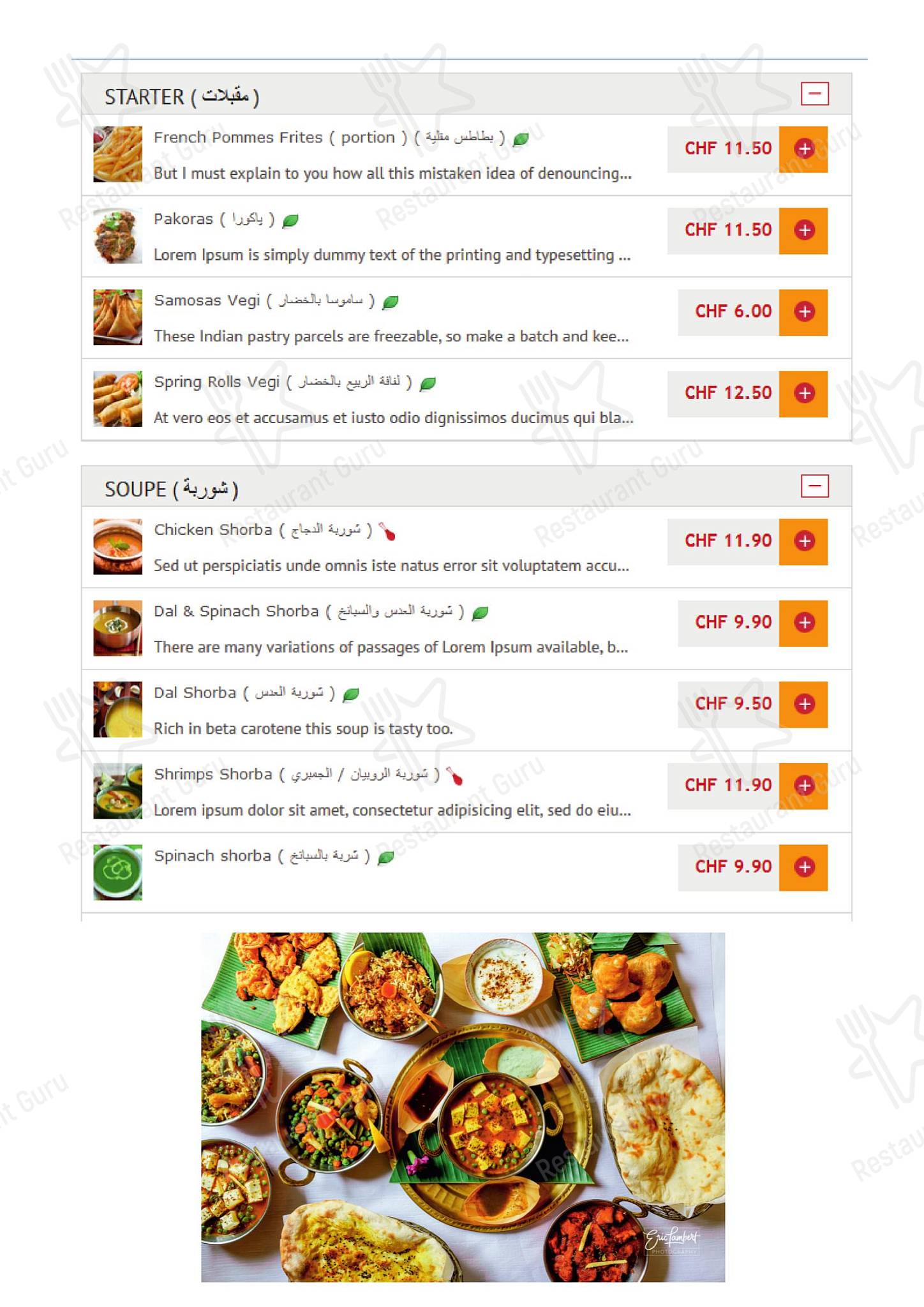 Menu per Taj Palace in Zurigo