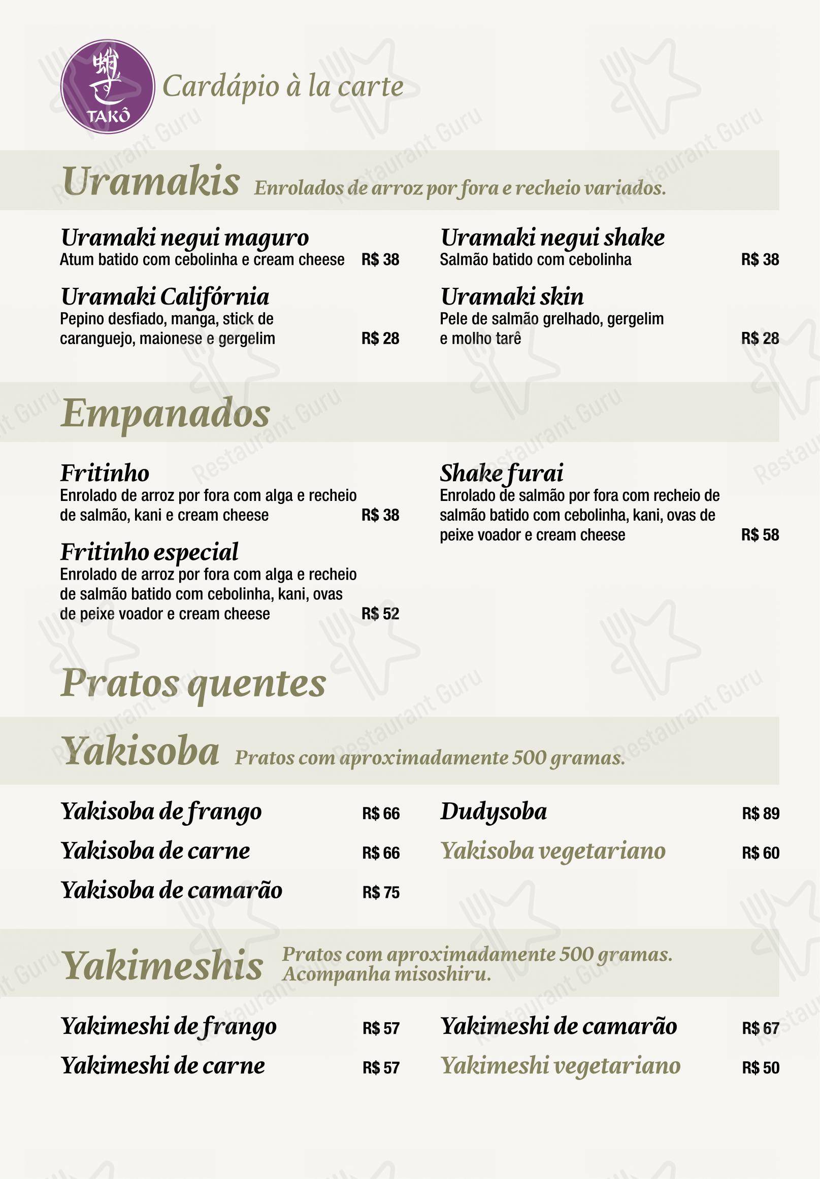 Menu para Takô restaurante