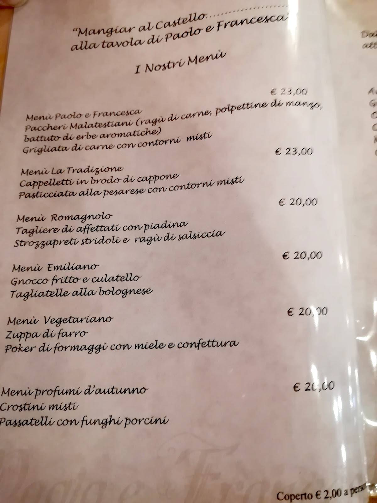 Menu di Tavernetta Paolo e Francesca 