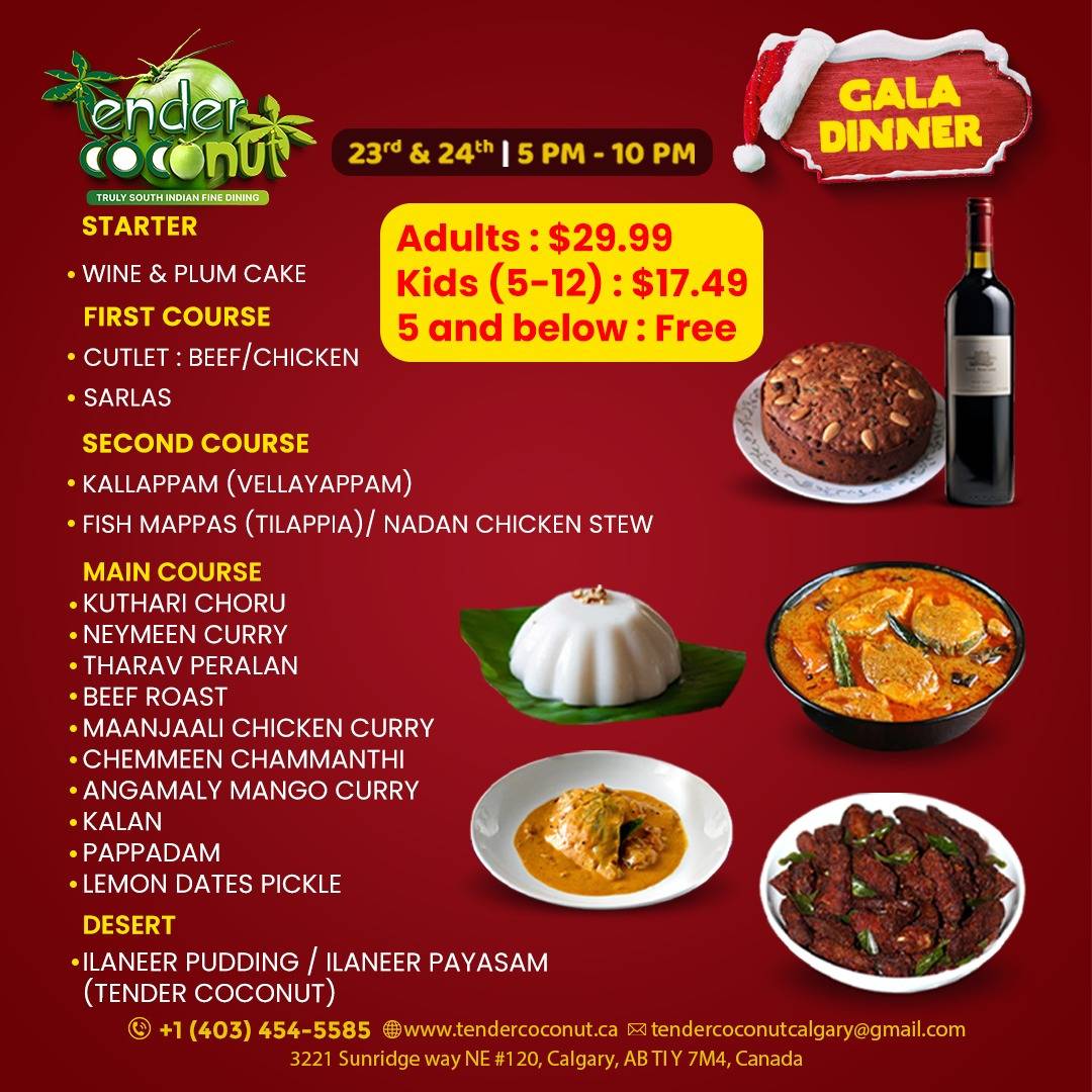 Menu at Tender Coconut - South Indian Fine Dining Restaurant, Calgary